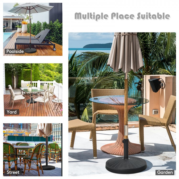 Resin umbrella base stand weighing 49 lbs, designed for stability, suitable for garden, poolside, or patio use.
