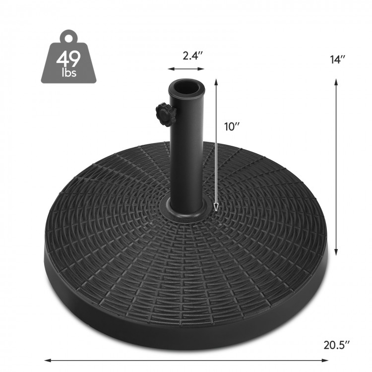 Patio resin umbrella base stand weighing 49 lbs, designed for stability, with a rattan texture for outdoor use.