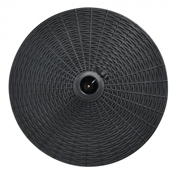 Round 49 lbs patio resin umbrella base stand with imitation rattan style, suitable for outdoor use and stability.