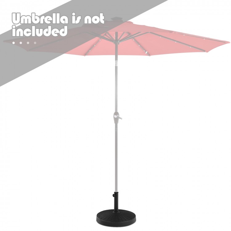Patio resin umbrella base stand weighing 49 lbs, designed for stability with freestanding or table umbrellas.