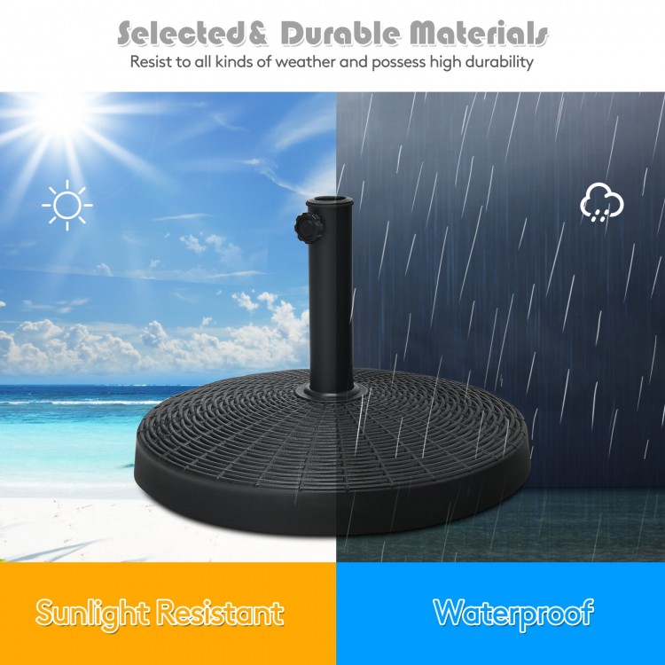 49 lbs patio resin umbrella base stand with imitation rattan style, suitable for outdoor use in various weather.