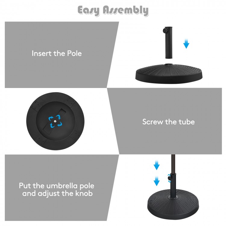 49 lbs patio resin umbrella base stand with easy assembly instructions for stability in outdoor settings.