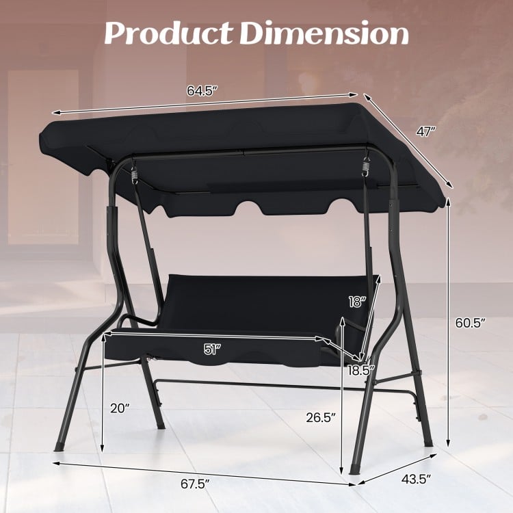 Dimensions of the 3-seat patio canopy swing in black, featuring a durable steel frame and waterproof top for outdoor.