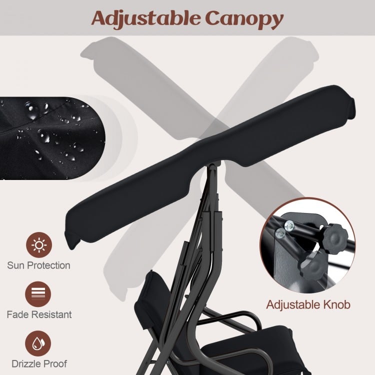 Adjustable canopy detail of the 3-seat patio swing in black, providing sun protection and drizzle proof features.