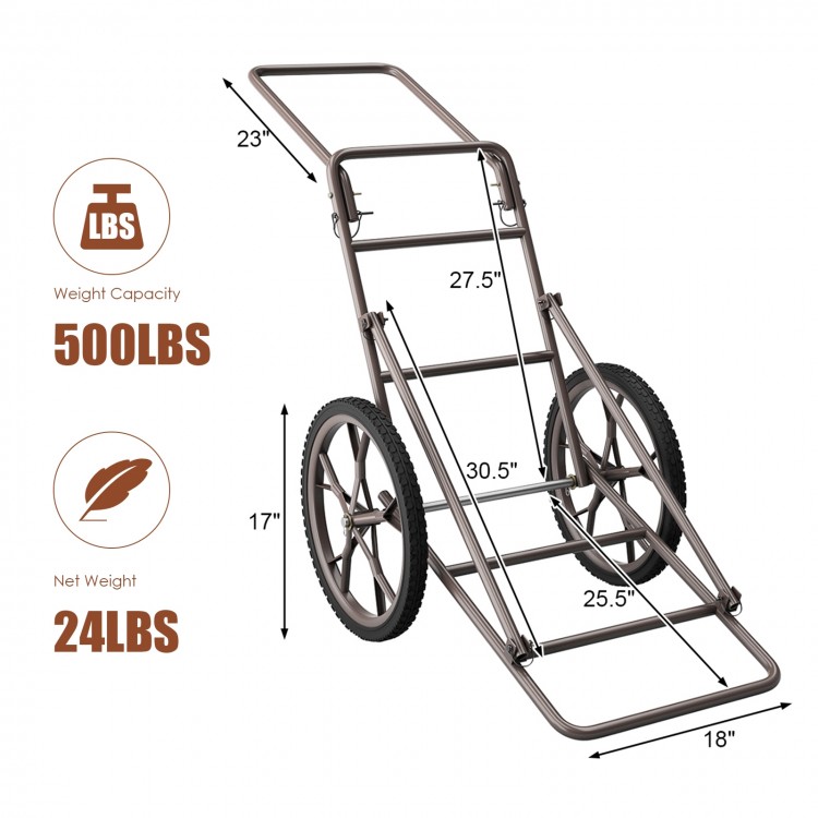 Folding deer game cart with large 17" wheels, heavy-duty steel frame, and 500 lbs capacity for outdoor use.