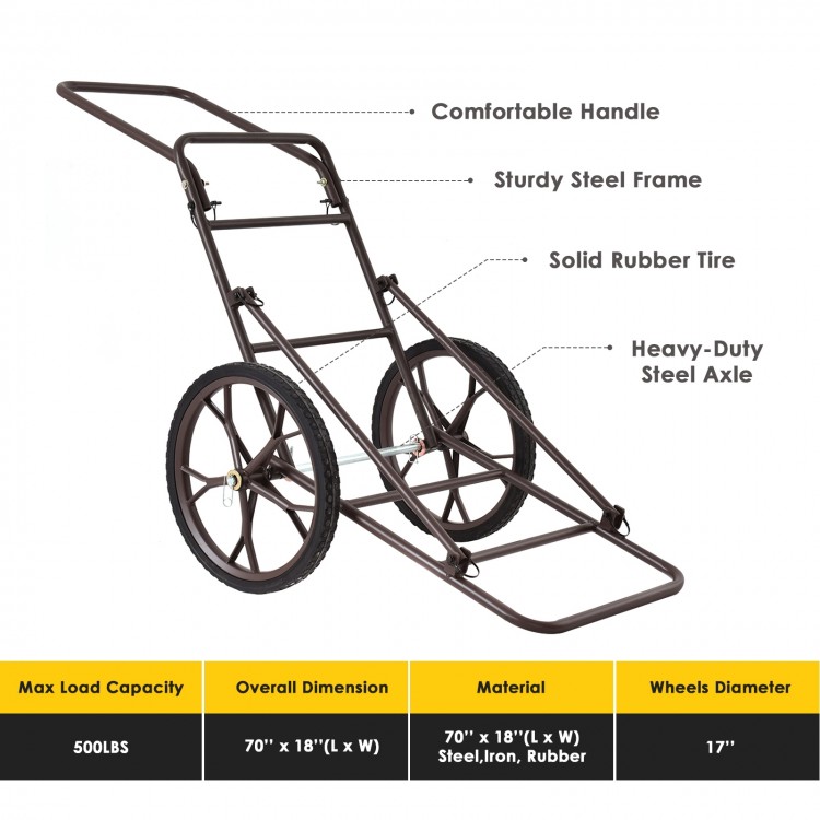 Folding deer game cart with 17" wheels, sturdy steel frame, and heavy-duty rubber tire for transporting up to 500 lbs.