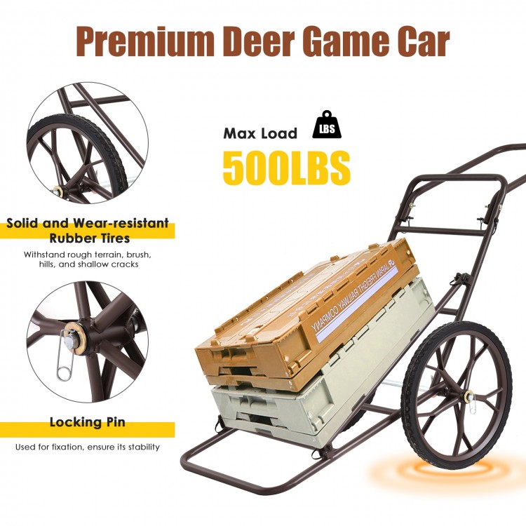 Larger Capacity Folding Deer Game Cart with 17" wheels and heavy-duty steel frame, ideal for transporting game.
