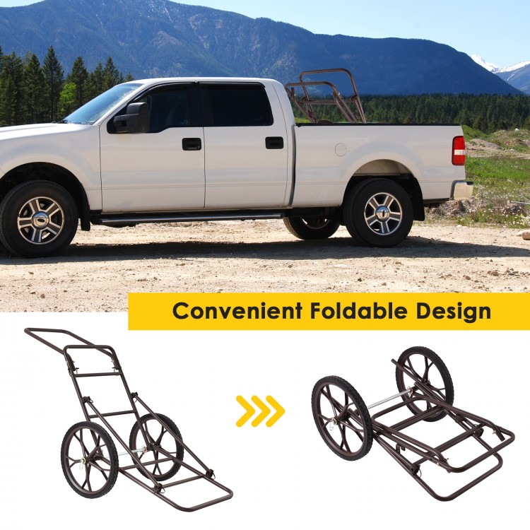 Larger Capacity Folding Deer Game Cart with 17" wheels and heavy-duty steel frame, ideal for outdoor transport.