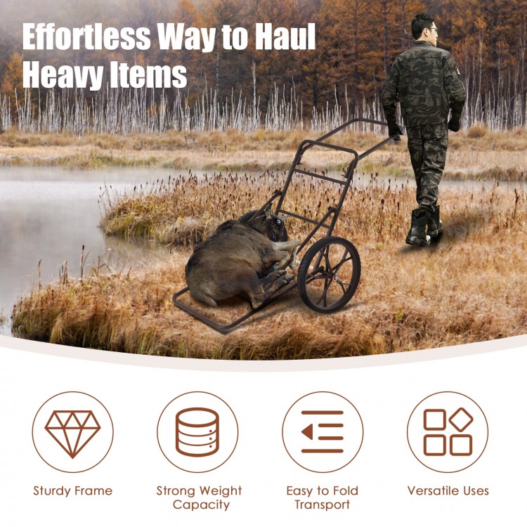 Folding deer game cart with sturdy steel frame, large 17" wheels, and strong weight capacity for easy transport.
