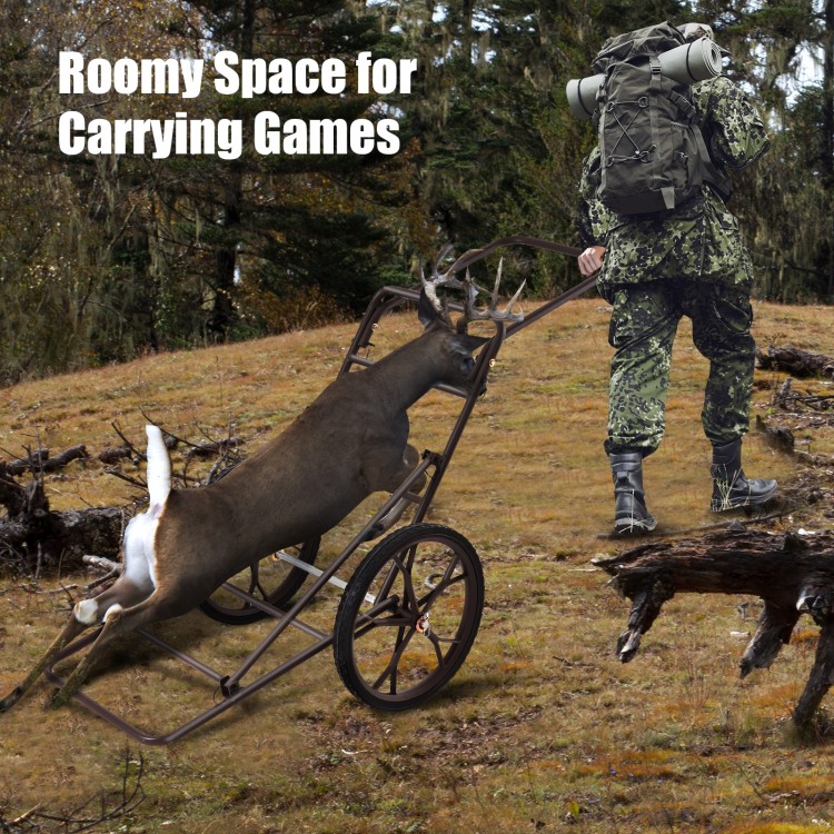 Larger Capacity Folding Deer Game Cart with large 17" wheels and heavy-duty steel frame for transporting game.