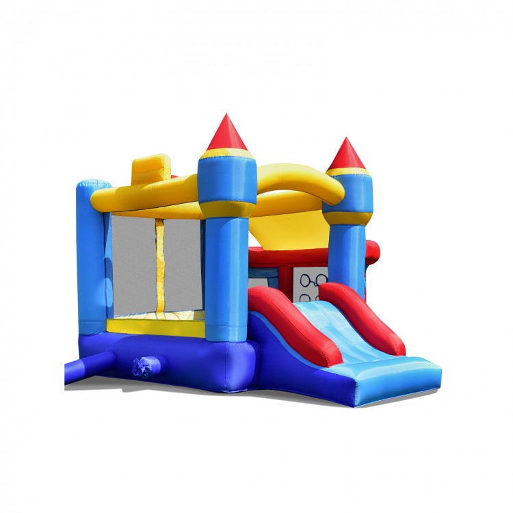 Castle Slide inflatable bounce house in blue and yellow with ball pit, basketball hoop, and safety mesh walls for kids.