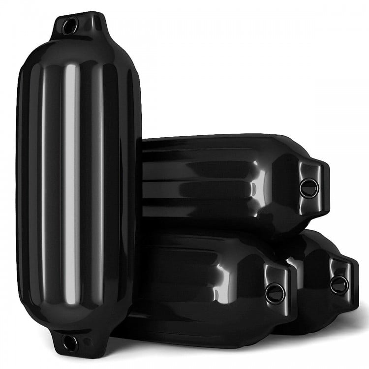Four black ribbed marine boat fenders, 8.5" x 27", made of UV-resistant vinyl for durable protection at the dock.