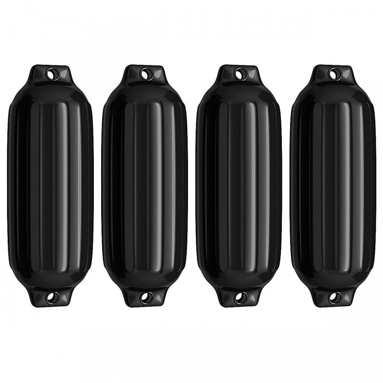 Set of four black ribbed marine boat fenders, 8.5" x 27", UV resistant with reinforced rope holes for docking.