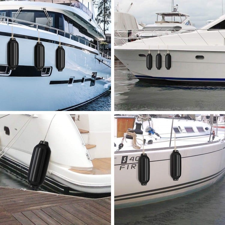 Black 8.5" x 27" ribbed marine boat fender, shown on multiple boats, providing durable protection at the dock.