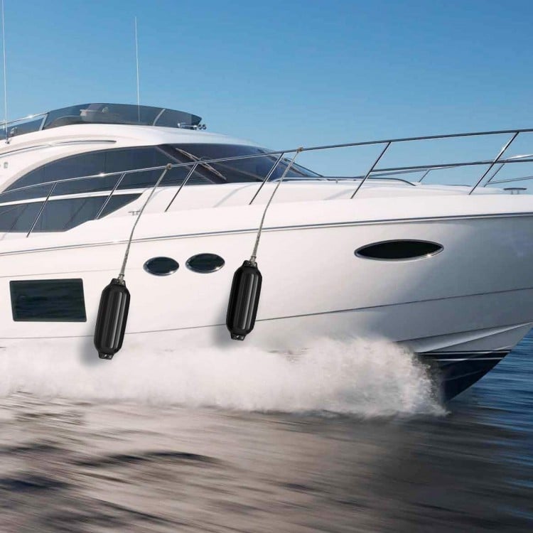 Black 8.5" x 27" ribbed marine boat fender, designed for durable protection at the dock and UV resistance.
