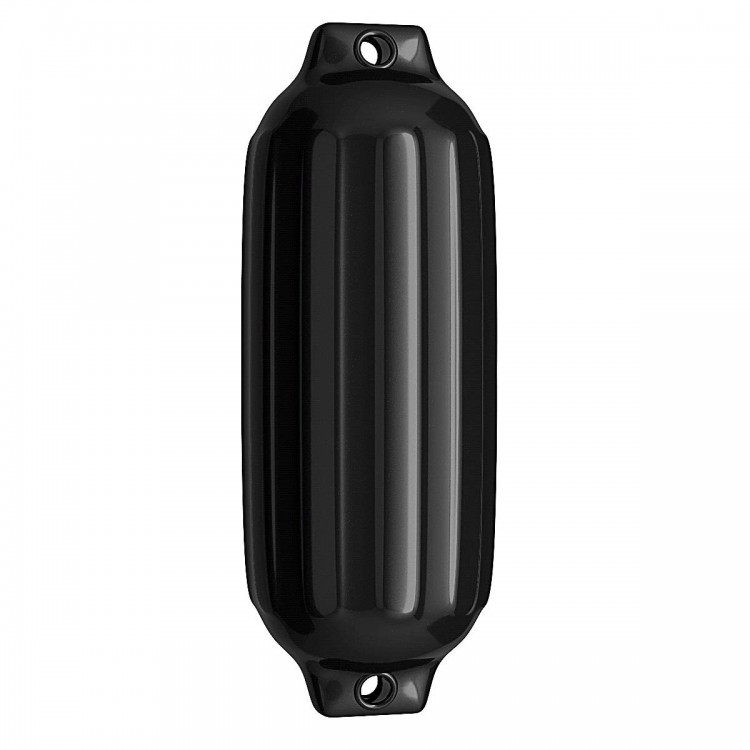 Black 8.5" x 27" ribbed marine boat fender made of UV-resistant vinyl, designed for durable collision protection.