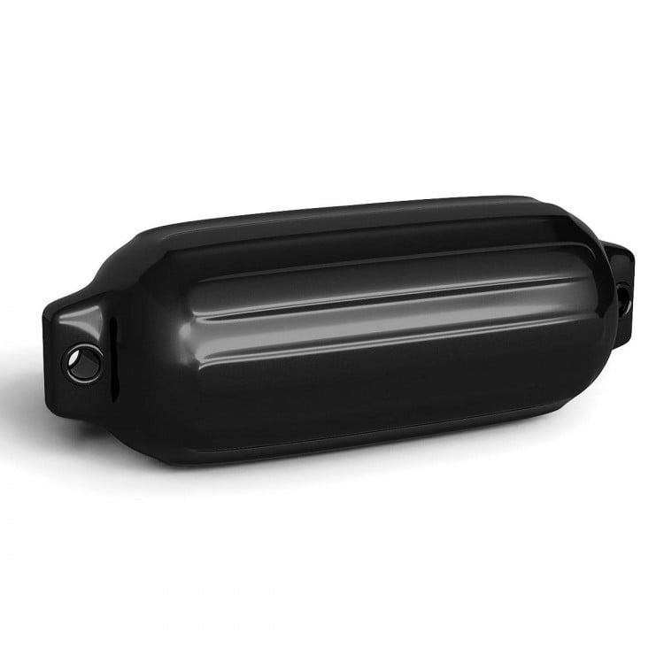 Black 8.5" x 27" ribbed marine boat fender made of UV-resistant vinyl, designed for vertical or horizontal hanging.