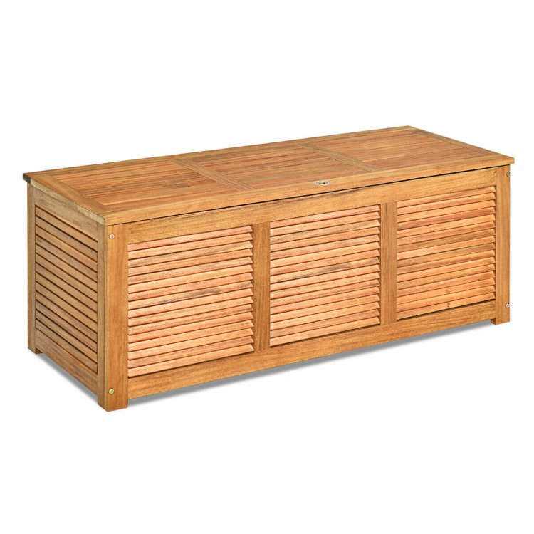 Acacia wood storage bench box with flip-top lid, ideal for patio or garden, offering 46 gallons of storage space.