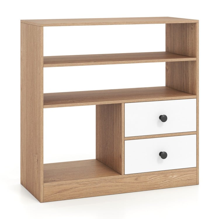 Open storage cabinet in natural wood finish with 3 open compartments and 2 white drawers, ideal for organizing any room.