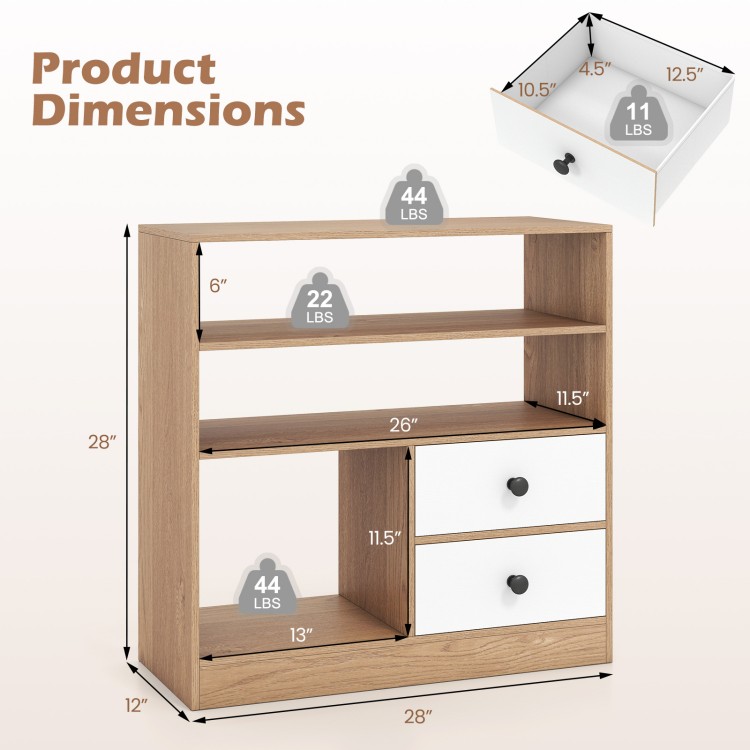 Open storage cabinet with dimensions, featuring 3 open compartments and 2 pull-out fabric drawers for versatile.