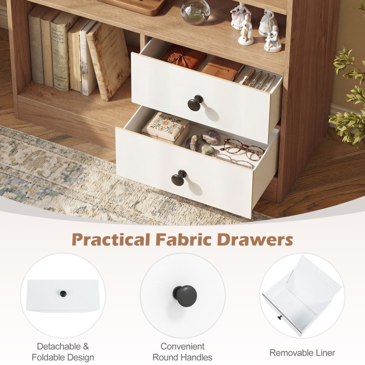 Detachable fabric drawers with round handles in a natural wood storage cabinet, ideal for organizing books and decor.