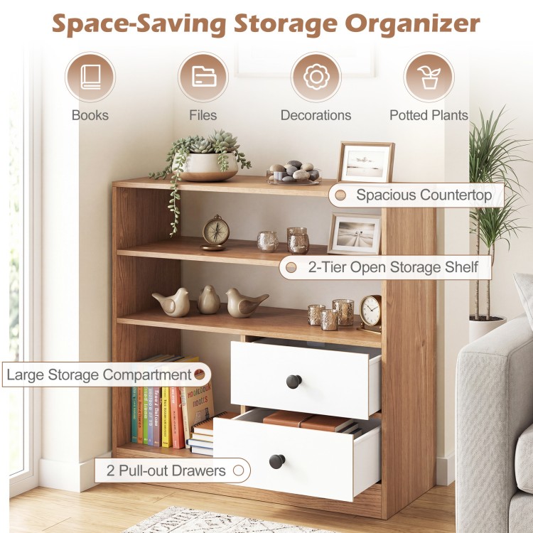 Open storage cabinet with 3 compartments and 2 pull-out drawers, featuring a natural wood finish for versatile home.