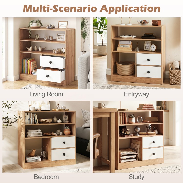 Open storage cabinet with 3 compartments and 2 drawers in natural finish, ideal for living room, entryway, or study use.