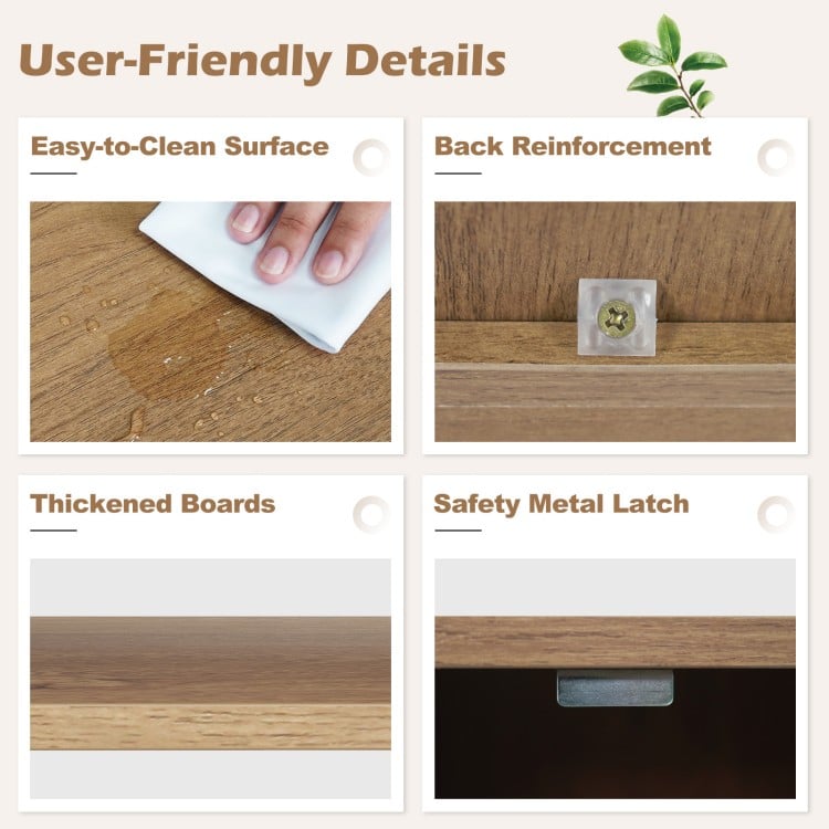 User-friendly details of the Open Storage Cabinet showcasing easy-to-clean surface, back reinforcement, and safety.