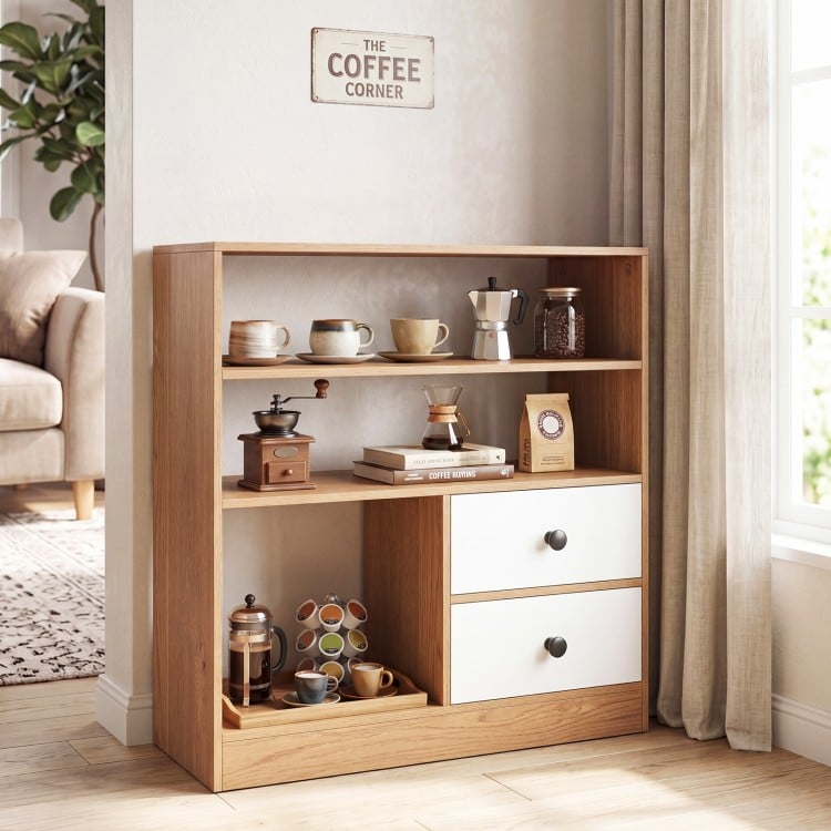 Open storage cabinet with natural wood finish, featuring 3 open compartments and 2 pull-out drawers for versatile.