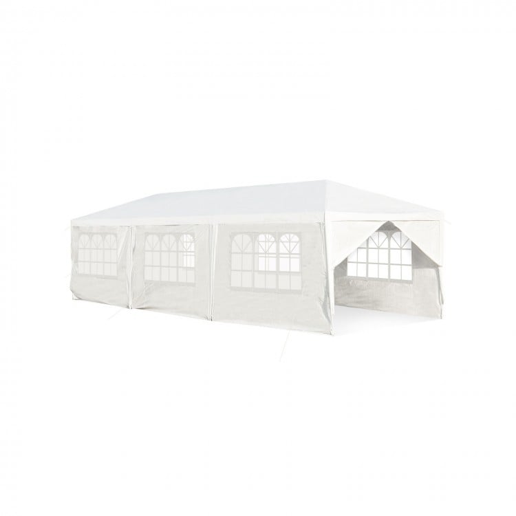 Front view of the 10 x 30 feet outdoor canopy tent, featuring a sturdy frame and large sidewalls for versatile event.