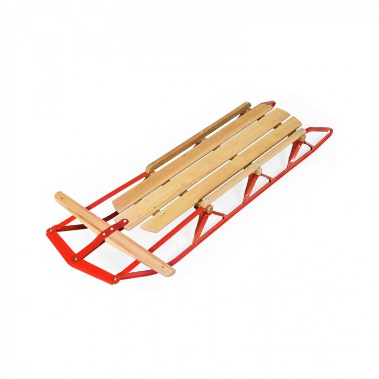 54-inch kids wooden snow sled with metal runners and steering bar, designed for smooth sliding in the snow.
