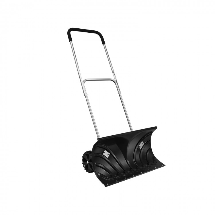 Rolling snow pusher shovel with adjustable handle and durable wheels for efficient snow clearing and user-friendly.