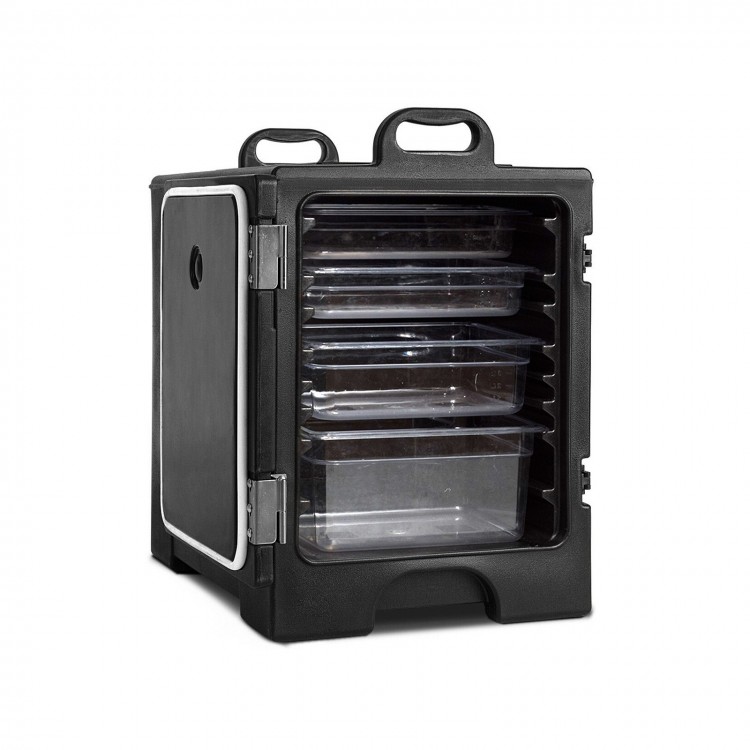 81-quart insulated food pan carrier in black with a revolving door, designed for safe food transport and optimal.