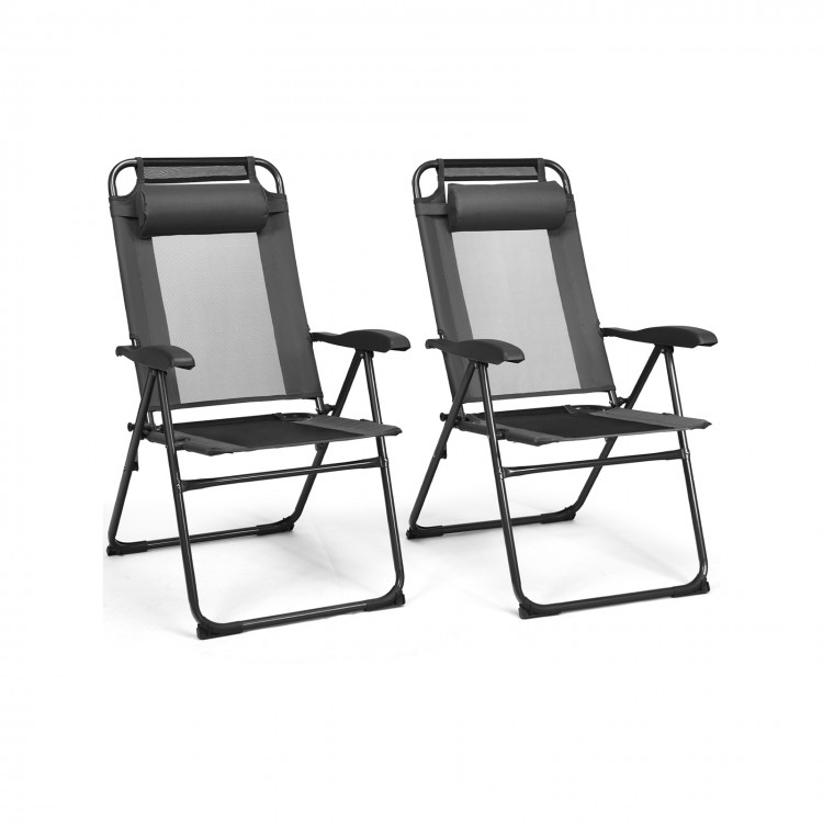 Two gray adjustable folding recliner chairs with steel frame and mesh design, perfect for outdoor relaxation and.