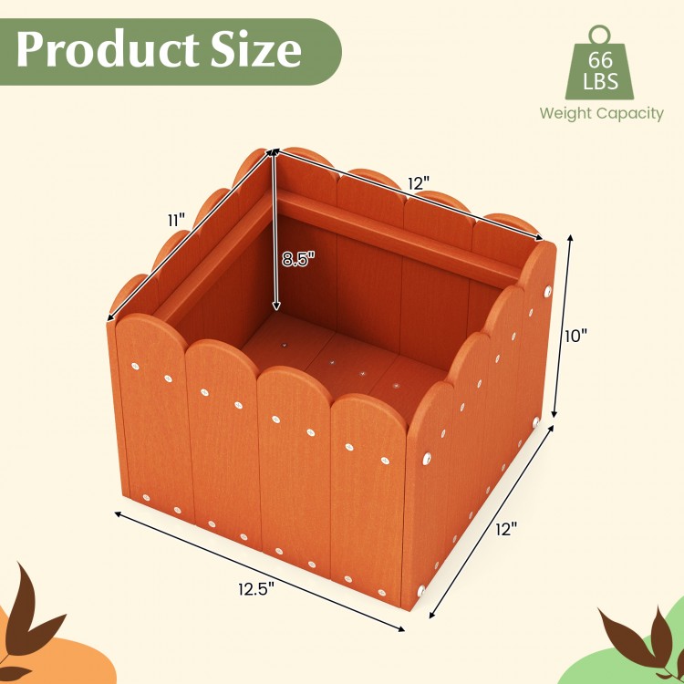 Square orange planter box with drainage gaps, 12.5" x 12" x 10", ideal for outdoor gardening and decorative use.