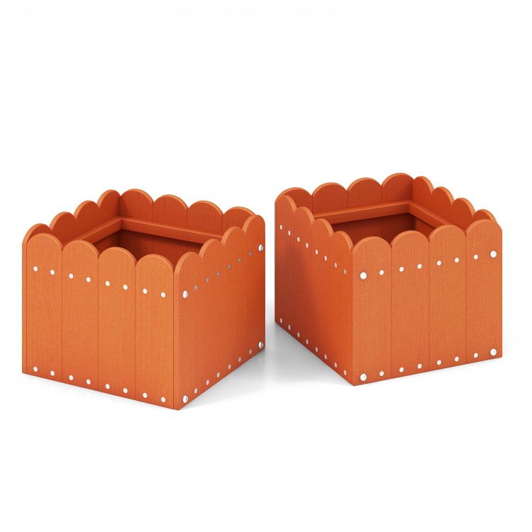 Square orange planter boxes with drainage gaps, perfect for outdoor gardens or indoor decoration. Durable HDPE material.