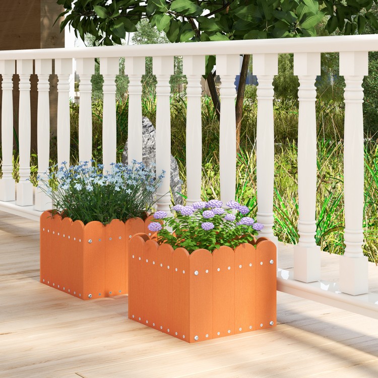 Square orange planter boxes with drainage gaps, perfect for flowers or vegetables on a front porch or balcony.
