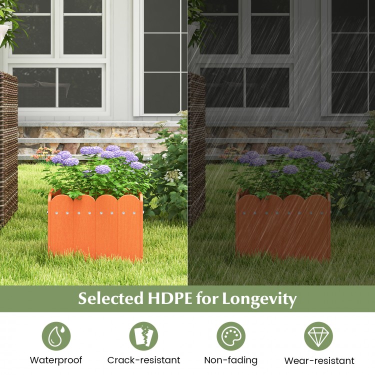Square orange planter box with drainage gaps, made of weatherproof HDPE, ideal for outdoor gardens and balconies.