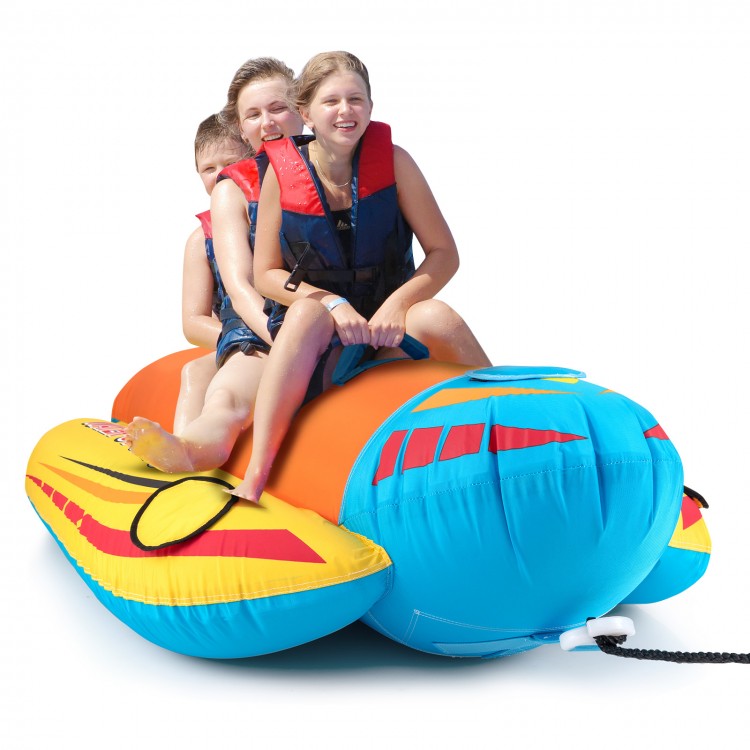 Three-person inflatable banana boat with EVA-padded seats and handles, designed for safe water fun and easy storage.