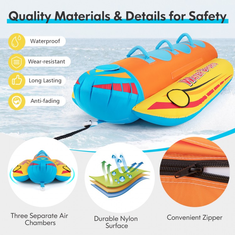 Inflatable banana boat for three with EVA-padded seats, durable nylon surface, and convenient zipper for easy storage.
