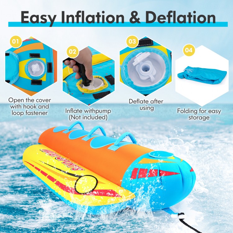 3-person inflatable banana boat with EVA-padded seats, handles, and easy inflation for fun water activities.