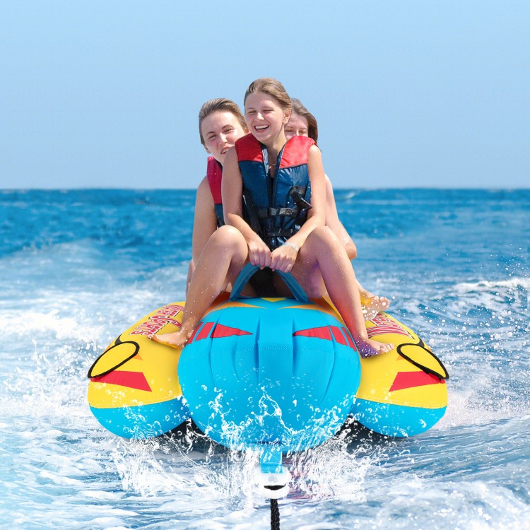 Three riders on a 3-person inflatable banana boat with EVA-padded seats, designed for fun and safety on the water.