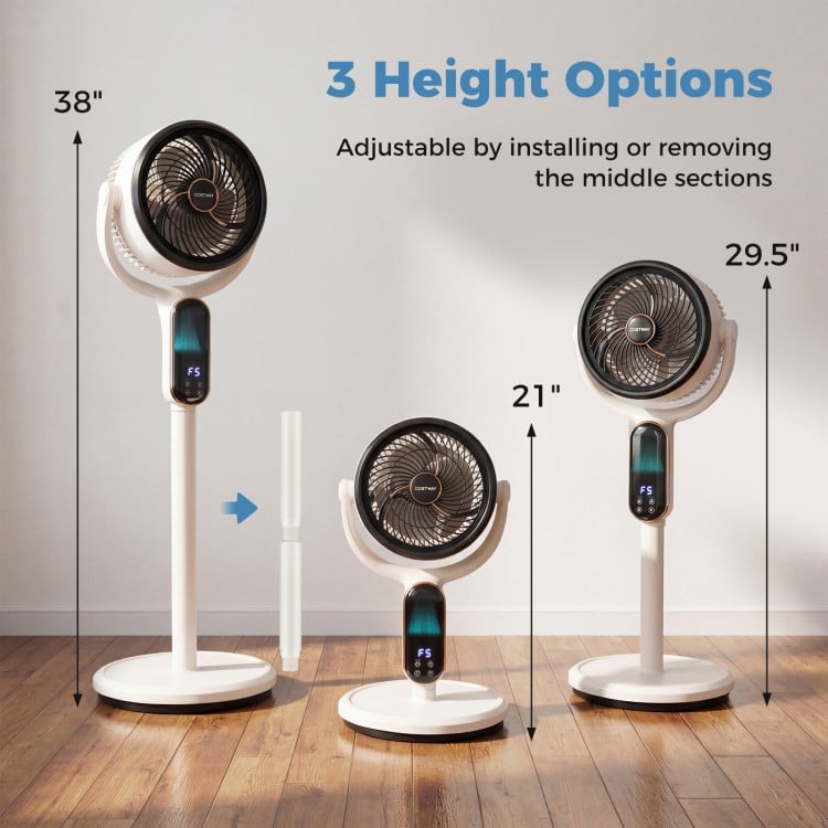 Adjustable oscillating pedestal fan shown in three height options, featuring 8 speeds and remote control for versatile.