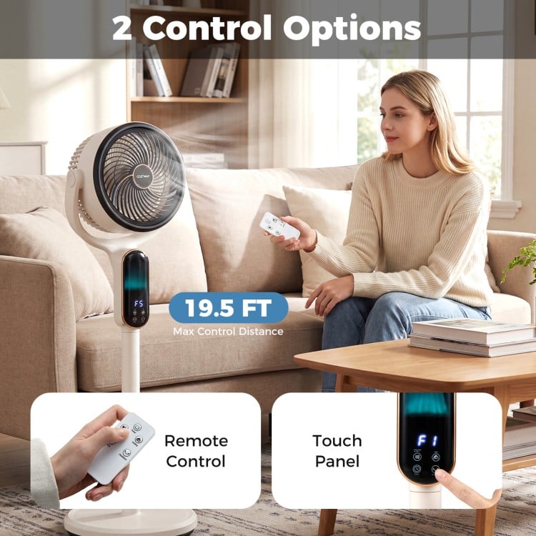Oscillating pedestal fan with remote control and touch panel, featuring 8 speeds and adjustable height for versatile.