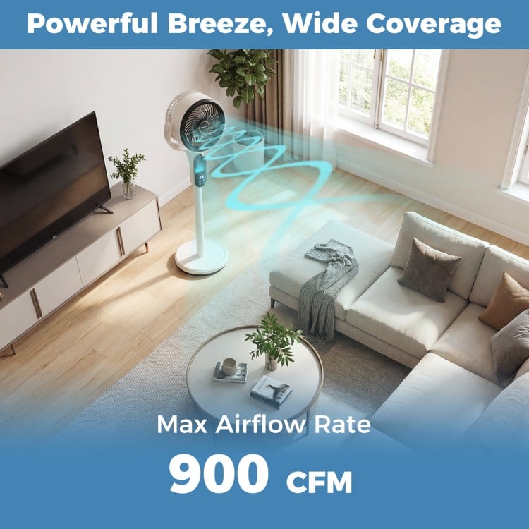 Oscillating pedestal fan with remote, 8 speeds, and adjustable height for efficient air circulation in any room.