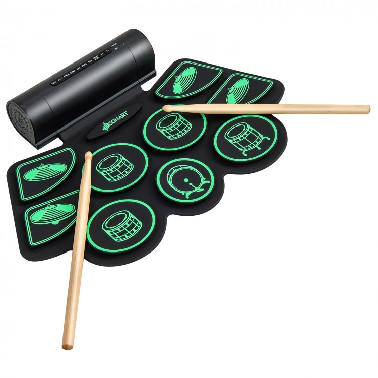 Electronic drum set with 9 rhythms, dual stereo speakers, and silicone design for kids' music practice and.
