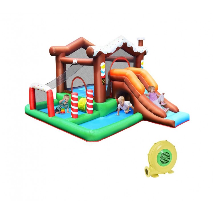 Colorful inflatable kids bounce house with slide and climbing wall, perfect for backyard fun and easy to set up with a.