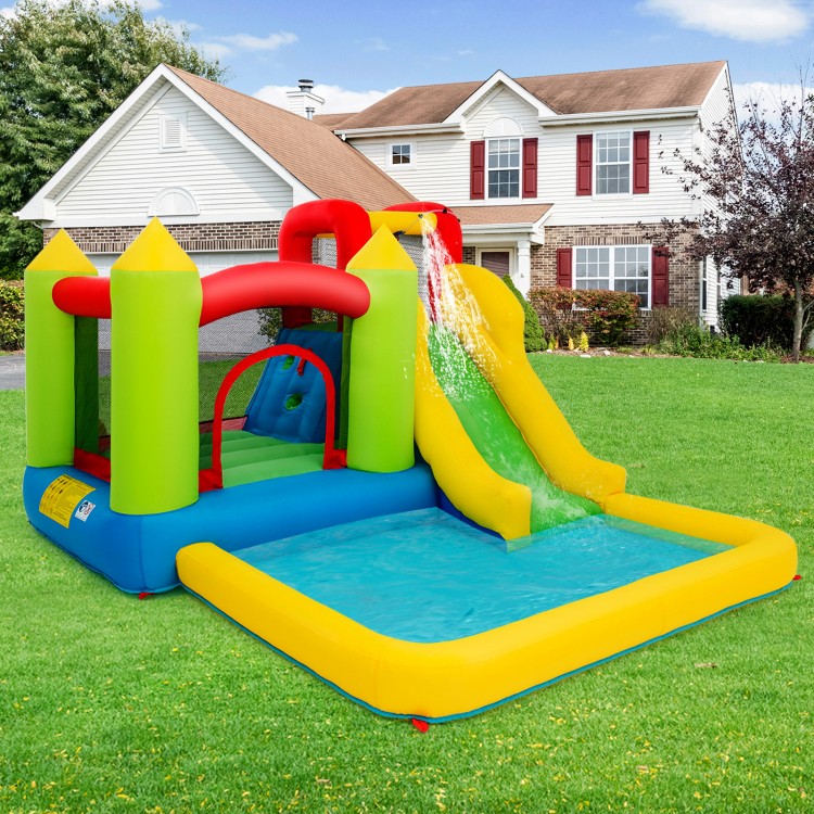 Brightly colored outdoor inflatable bounce house with slide and water feature, perfect for gardens and parks.