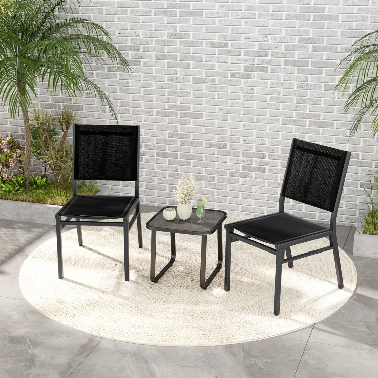 Two outdoor dining chairs with breathable fabric and aluminum frame, perfect for backyard or poolside relaxation.