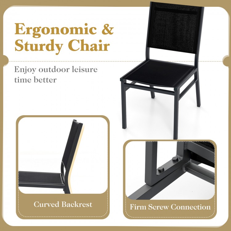 Ergonomic outdoor dining chair with breathable fabric and aluminum frame for backyard or poolside use.